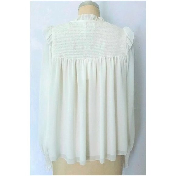 ARITZIA WILFRED CREAM SMOCKED LACE-UP RUFFLE BLOUSE M NWT - Picture 8 of 15